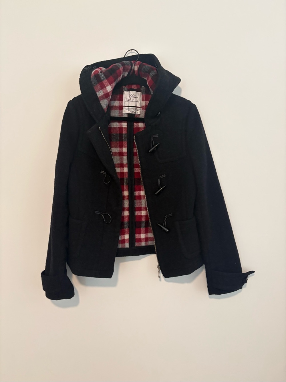 Urban Behavior Black Toggle Pea Coat with Red Plaid Lining